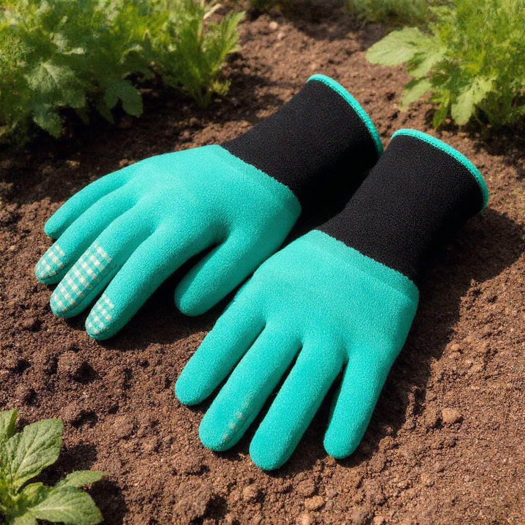 Garden gloves with claw design in a garden setting