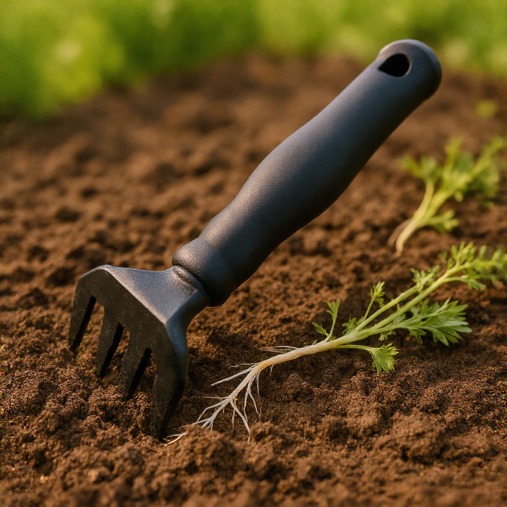 Garden weeding tool with root puller in a garden setting