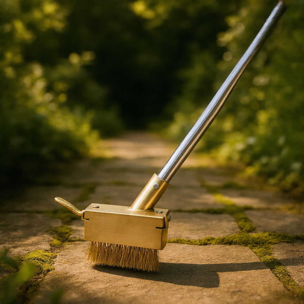 Long handle garden weeding brush in a garden setting