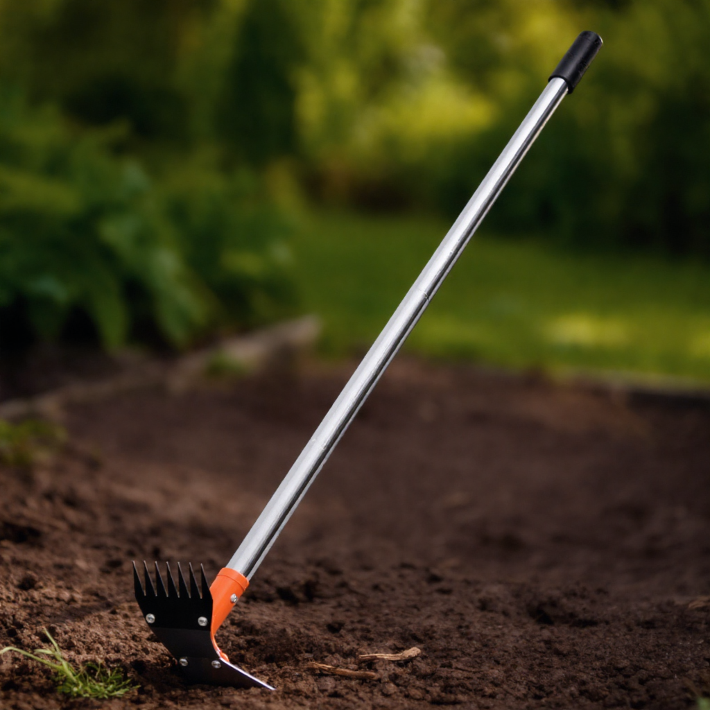 Dual head garden weeding tool in a garden setting