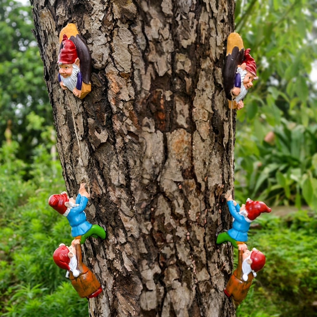 Climbing garden gnome figures mounted on a tree trunk in a lush garden