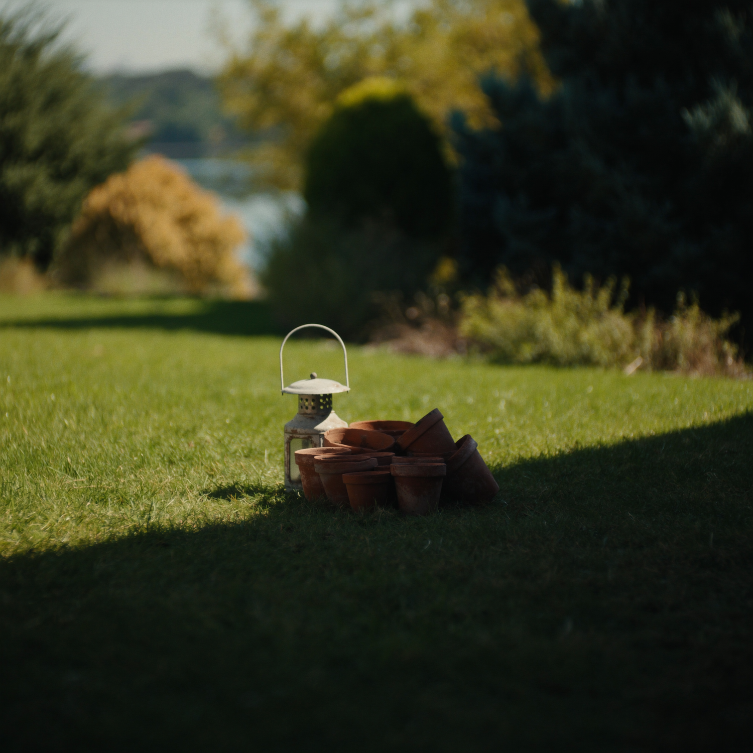 Terracotta pots and a garden lantern on green grass