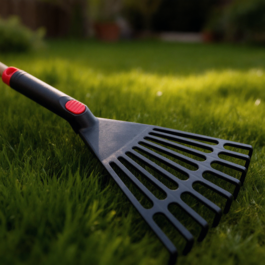 Plastic leaf rake in a garden setting