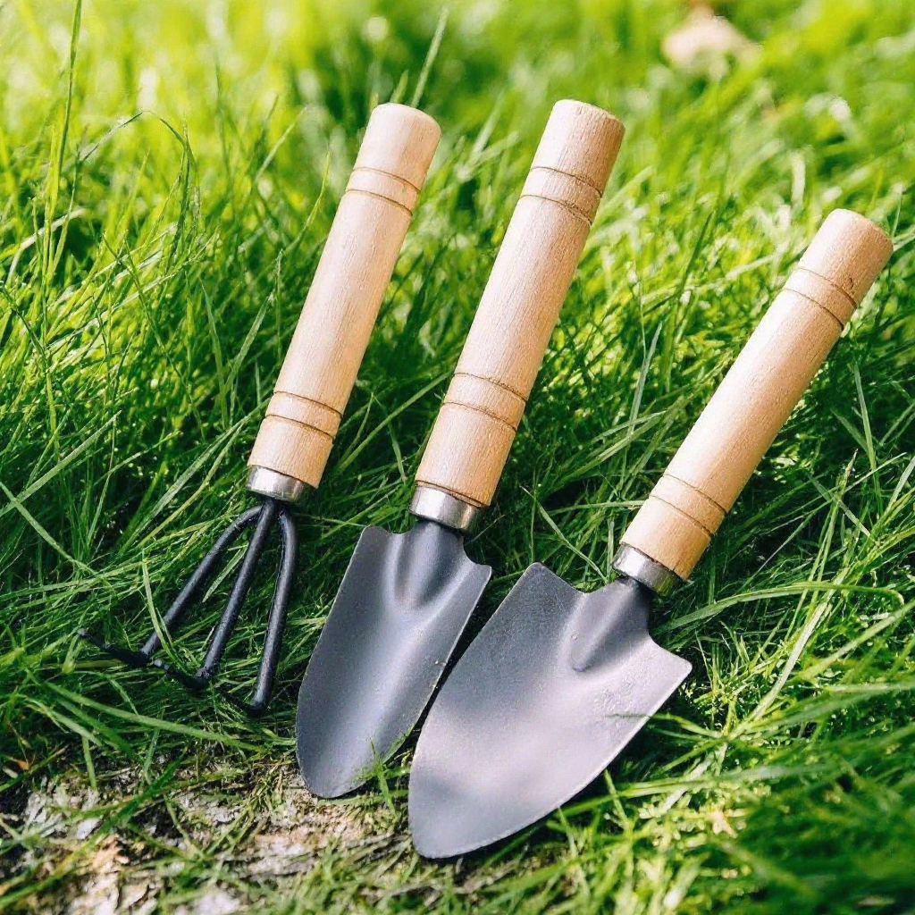 Three-piece garden hand tool set in a garden setting
