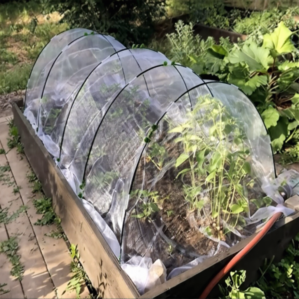 Plant greenhouse support hoops in a garden setting