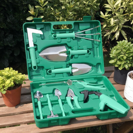 Stainless steel gardening tool set in a garden setting