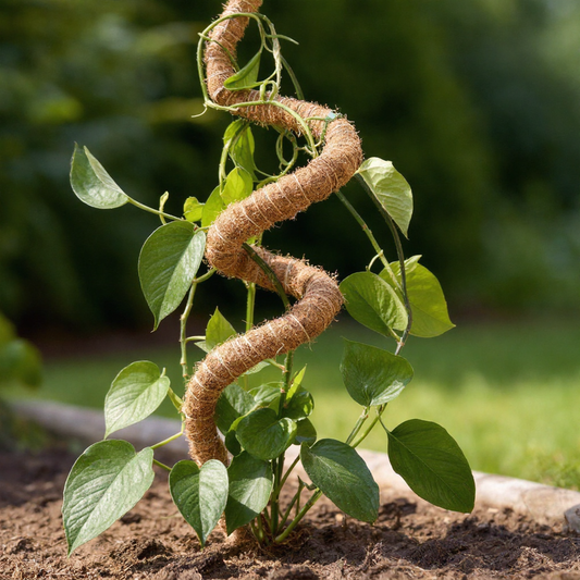Bendable plant support stick in a garden setting