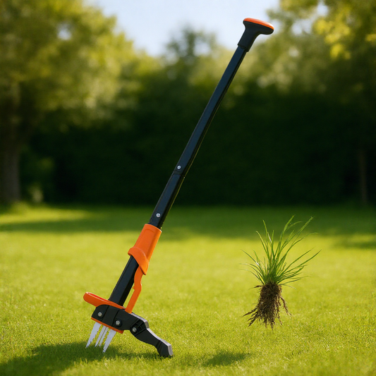 Manual standing garden weeder in a garden setting