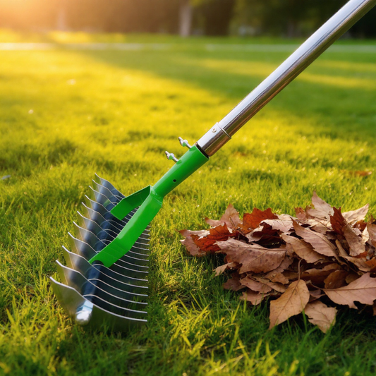 Stainless steel garden lawn rake in a garden setting