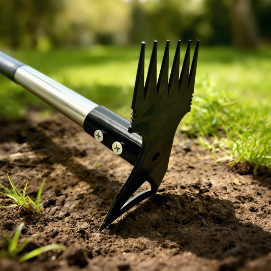 All-steel dual-purpose hoe in a garden setting