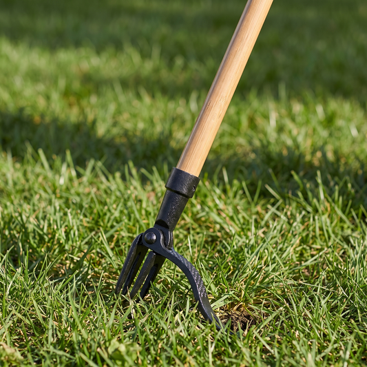 Stand-up weed puller with three-claw head planted in grass