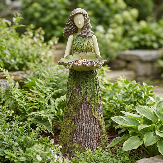 Forest girl figure bird feeder standing in a garden bed
