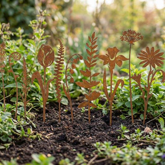 Rustic metal flower and fern garden stakes planted in a flower bed