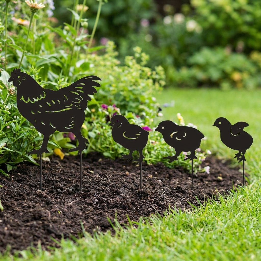 Black metal hen and chicks garden stakes in a flower bed