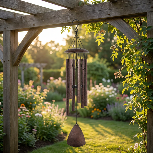 Vintage bronze tube wind chime hanging from a garden pergola