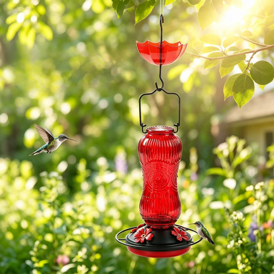 Red glass hummingbird feeder hanging in a sunlit garden with hummingbirds