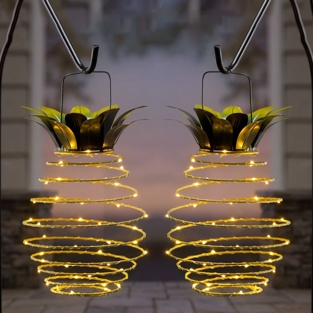 Two solar pineapple lanterns hanging from garden hooks, glowing at dusk