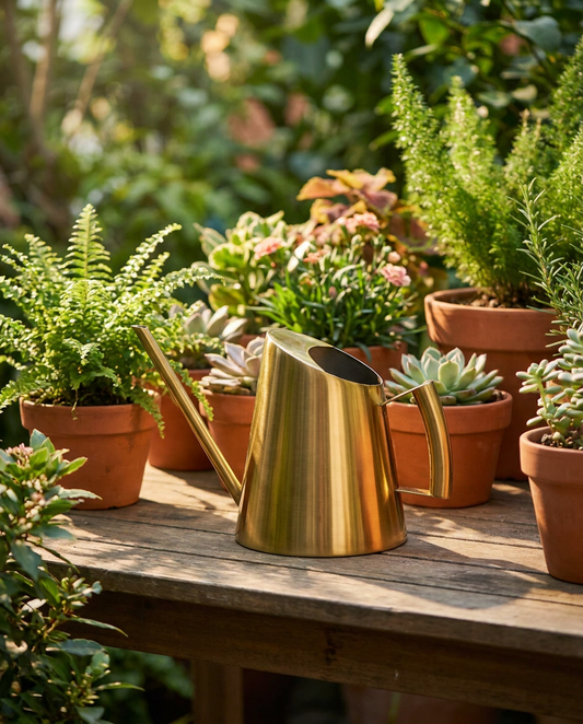 Stainless steel watering pot on a garden table surrounded by potted plants