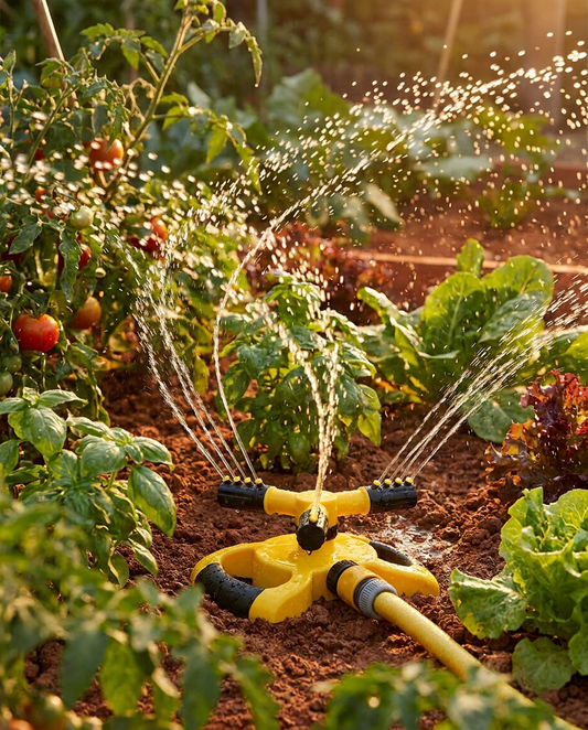 Rotating sprinkler watering a vegetable garden bed